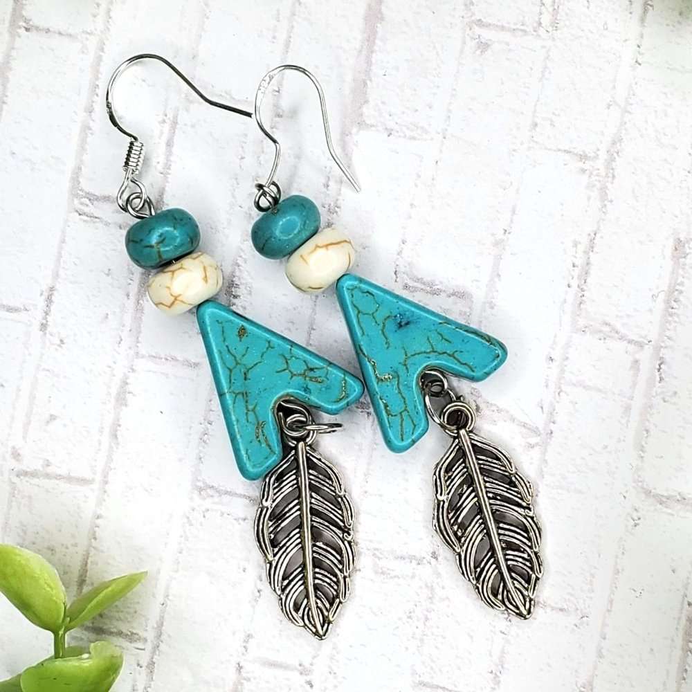 Turquoise Earrings with Feather Dangle Natural Stone